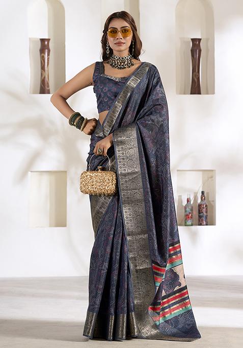 Navy Blue Printed Woven Silk Saree Set