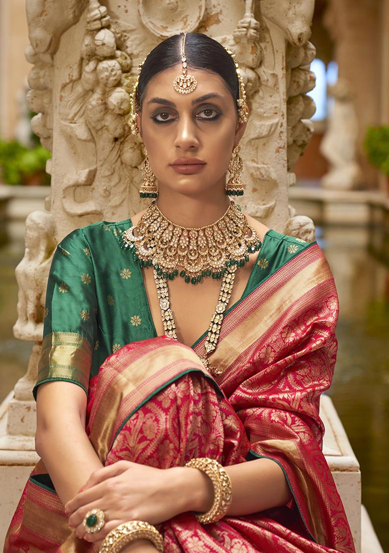 Red Printed Woven Banarasi Silk Saree Set