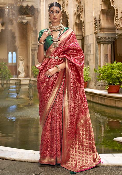 Red Printed Woven Banarasi Silk Saree Set