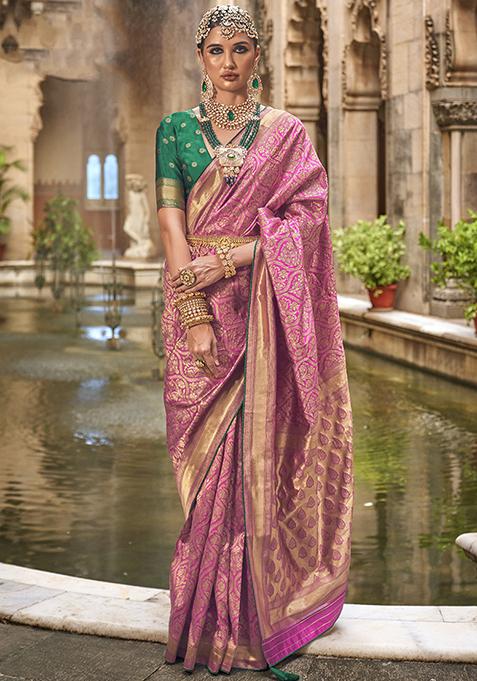 Pink Printed Woven Banarasi Silk Saree Set