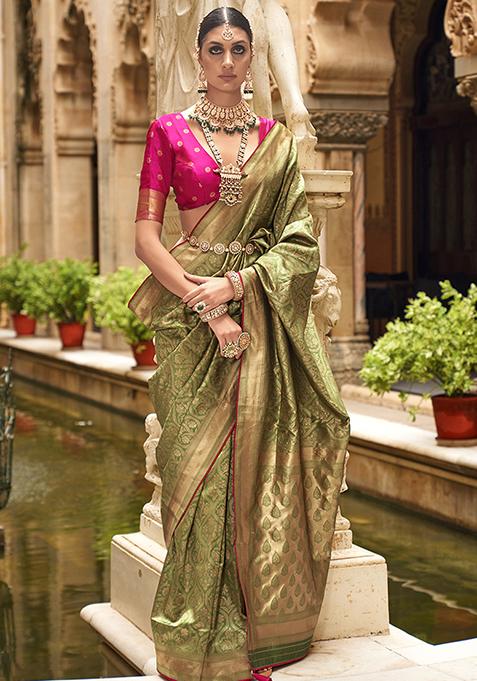 Olive Printed Woven Banarasi Silk Saree Set