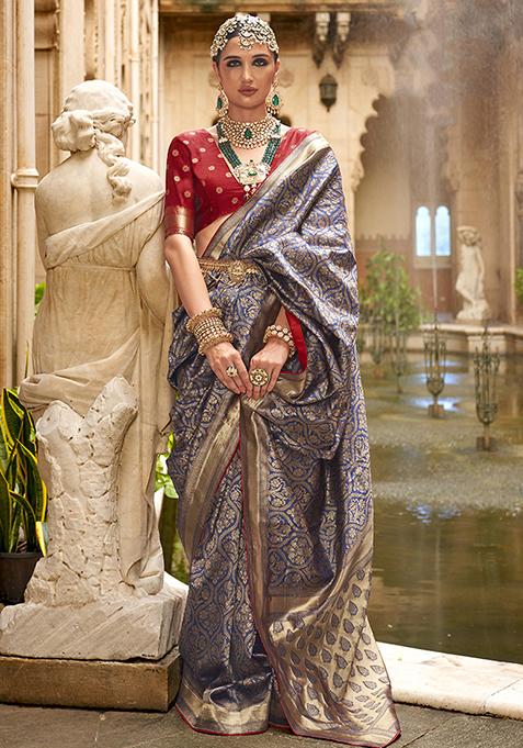 Navy Blue Printed Woven Banarasi Silk Saree Set