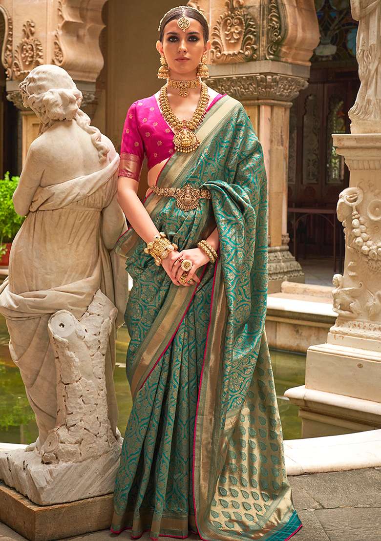 Teal Printed Woven Banarasi Silk Saree Set - Indya