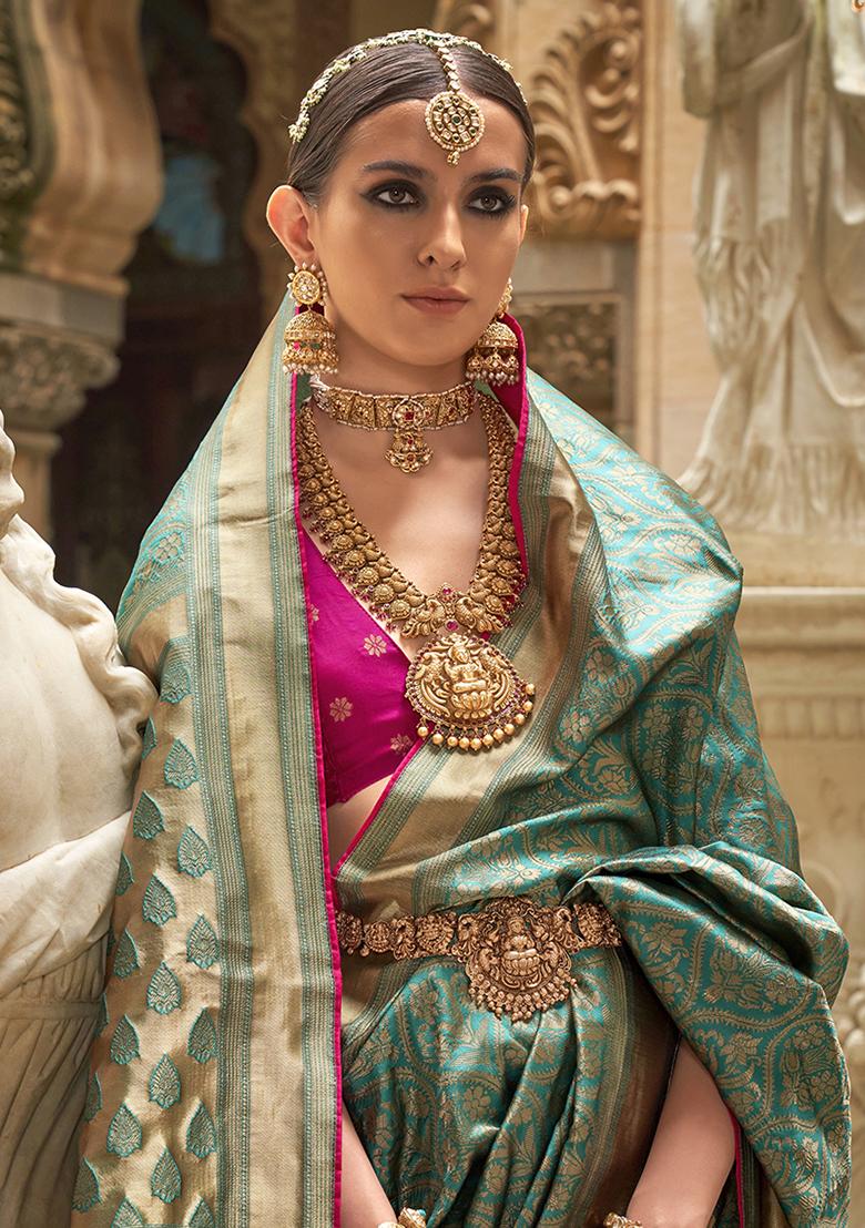 Teal Printed Woven Banarasi Silk Saree Set