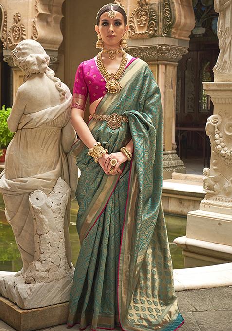 Teal Printed Woven Banarasi Silk Saree Set