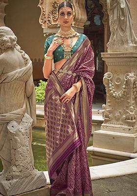 Magenta Printed Woven Banarasi Silk Saree Set