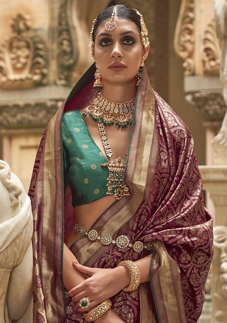 Magenta Printed Woven Banarasi Silk Saree Set