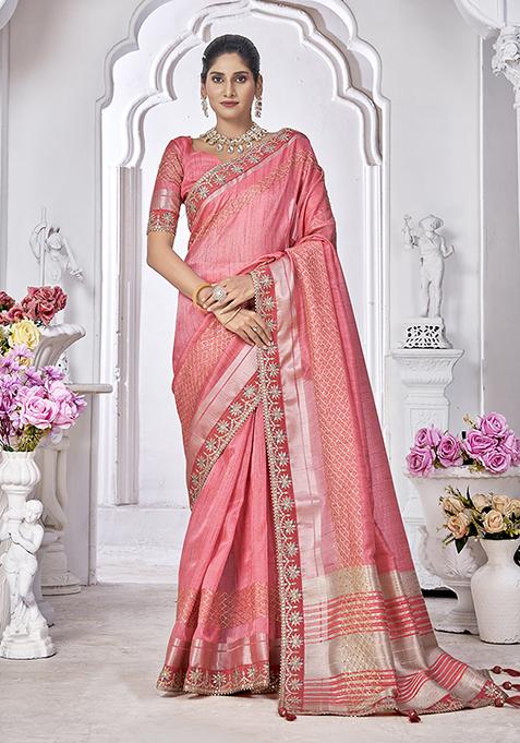 Light Pink Embroidered Art Silk Saree Set