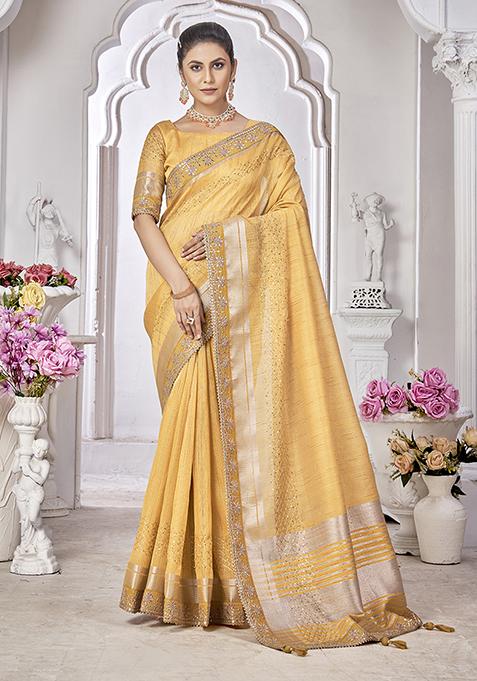 Yellow Embroidered Art Silk Saree Set