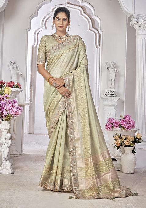 Light Green Embroidered Art Silk Saree Set