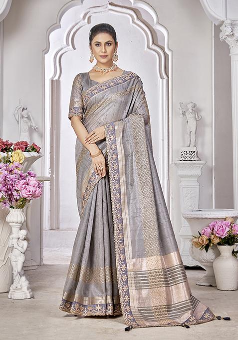 Grey Embroidered Art Silk Saree Set