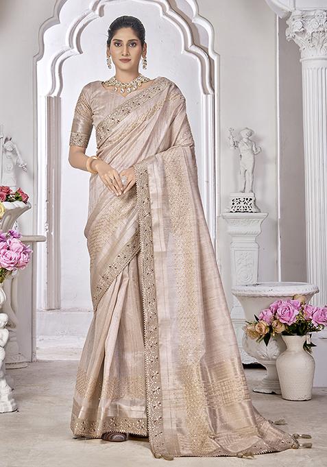 Cream Embroidered Art Silk Saree Set