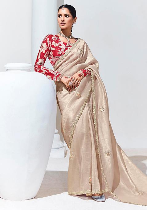 Cream Embroidered Organza Saree Set