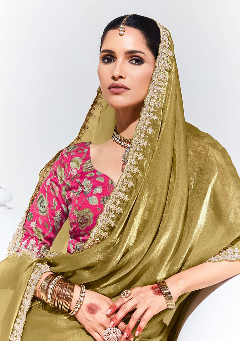 Olive Embroidered Organza Saree Set