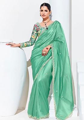 Light Cyan Embroidered Organza Saree Set