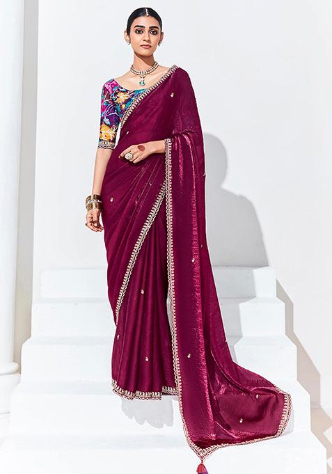 Plum Embroidered Organza Saree Set