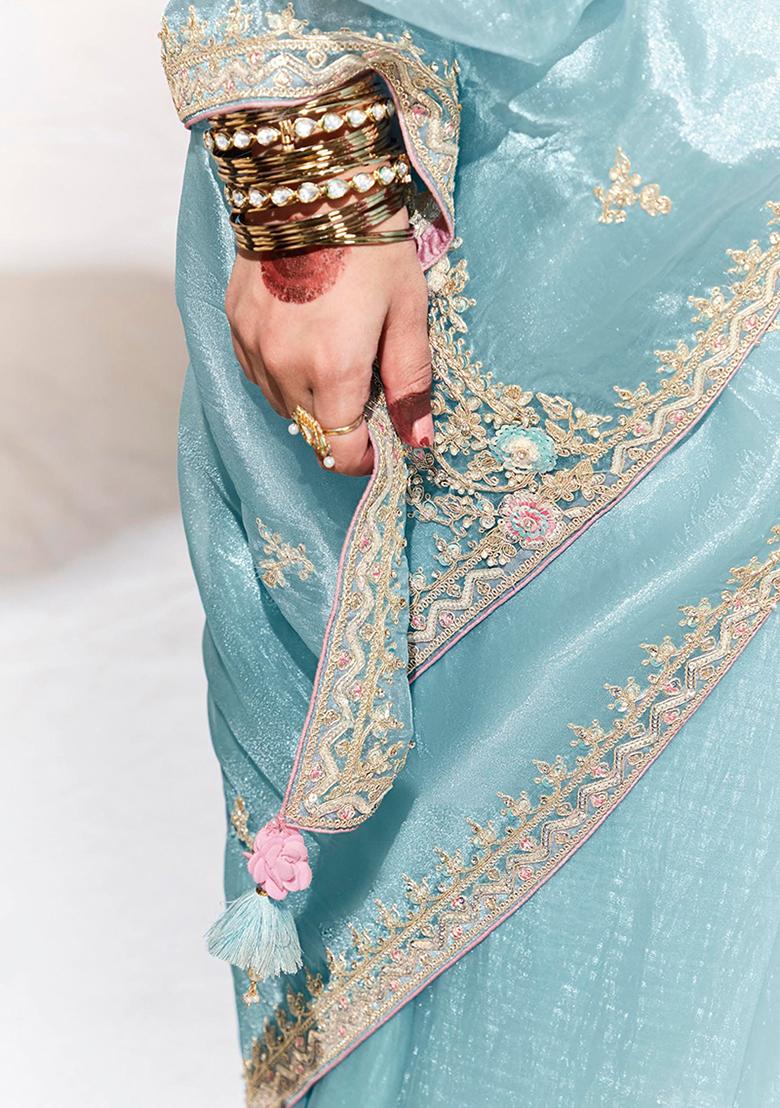 Sky Blue Embroidered Organza Saree Set