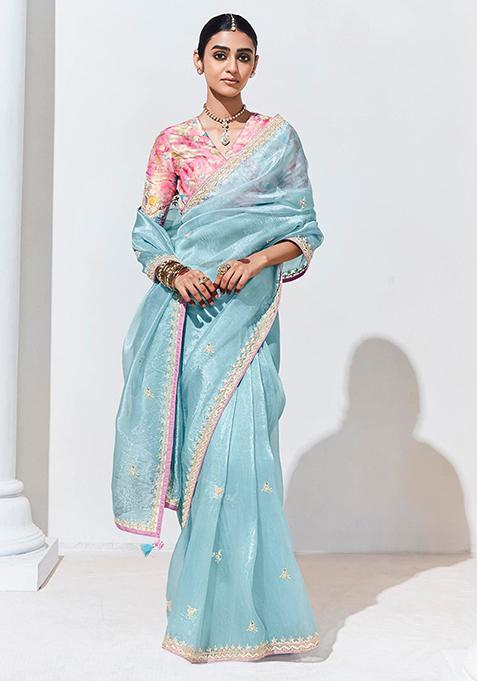 Sky Blue Embroidered Organza Saree Set