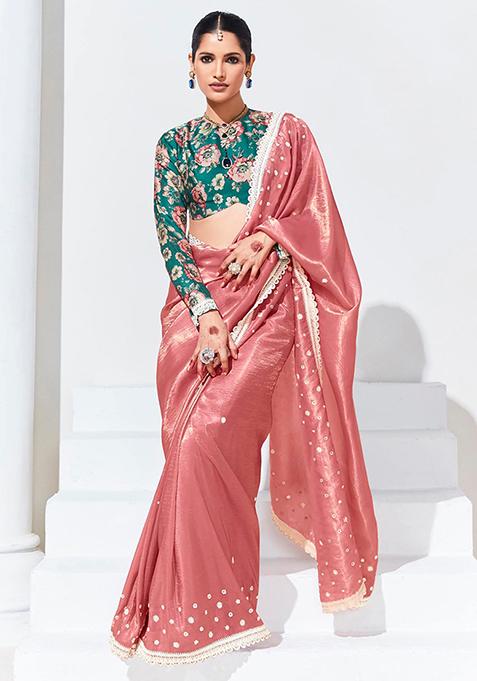 Peach Embroidered Organza Saree Set