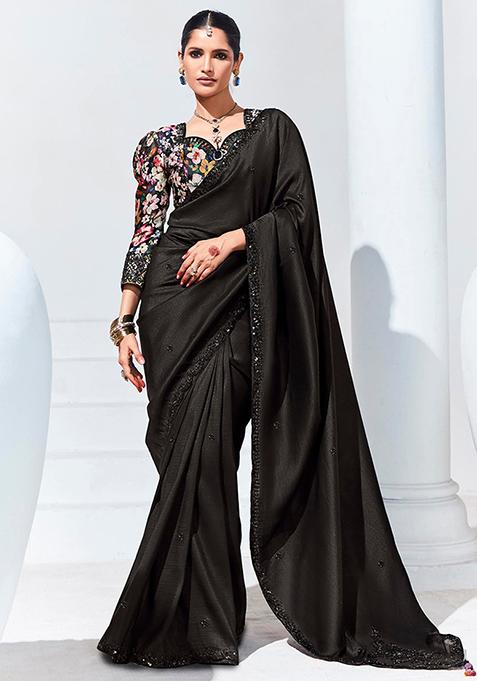 Black Embroidered Organza Saree Set