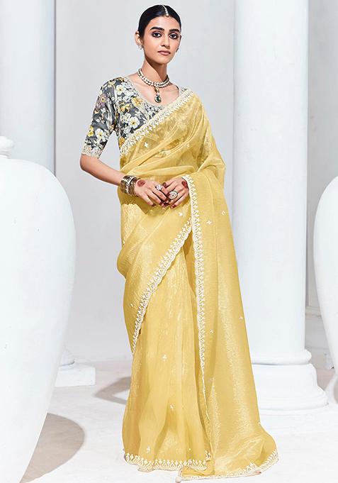 Light Yellow Embroidered Organza Saree Set