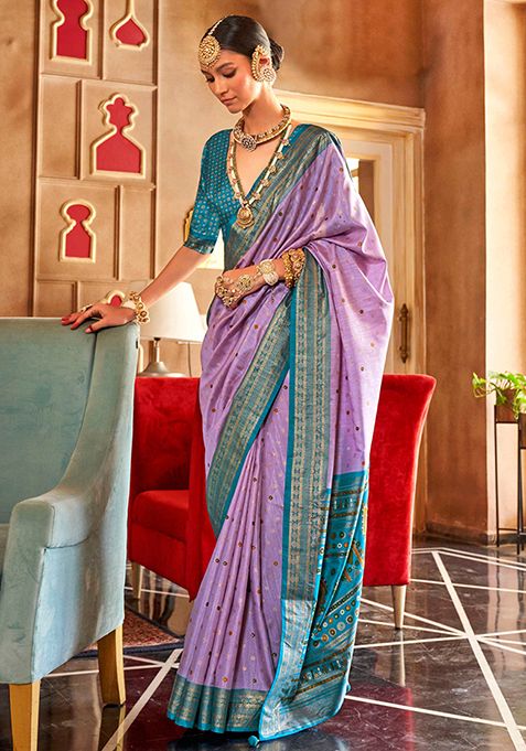 Lavender Printed Silk Saree Set