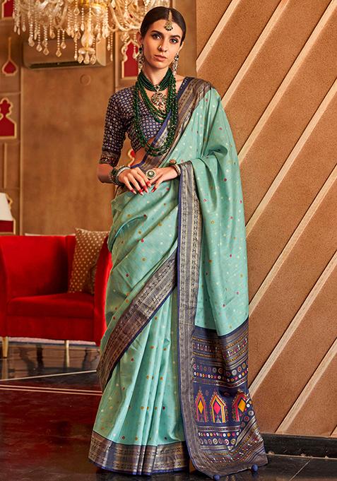 Turquoise Blue Printed Silk Saree Set