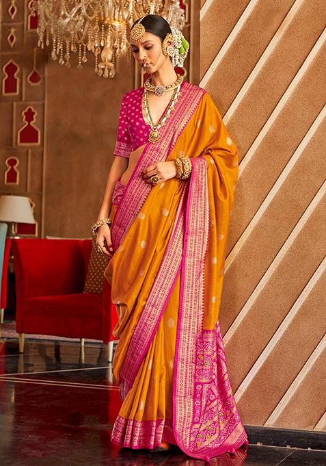 Mustard Printed Silk Saree Set