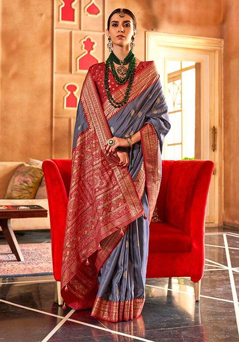 Grey Printed Silk Saree Set