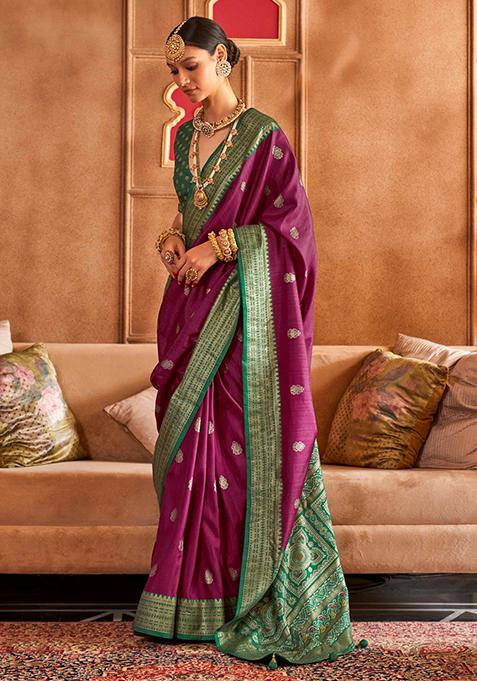 Plum Printed Silk Saree Set