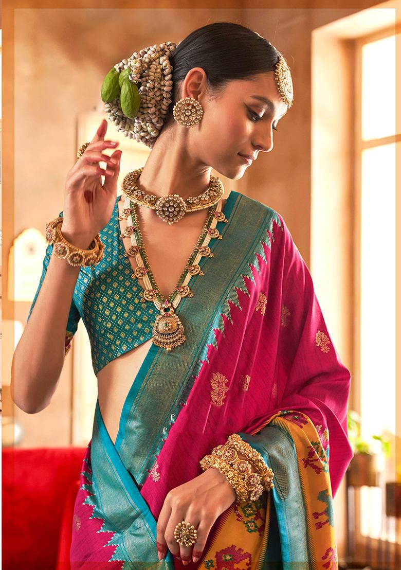 Hot Pink Printed Silk Saree Set