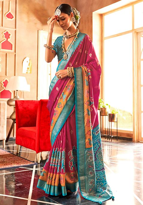 Hot Pink Printed Silk Saree Set