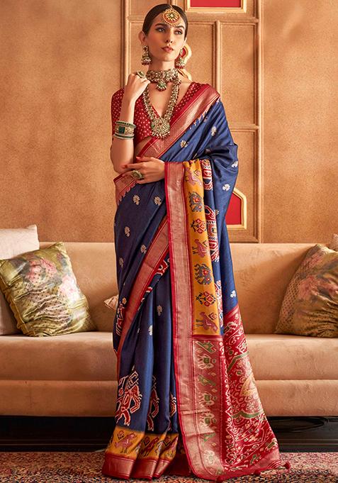 Navy Blue Printed Silk Saree Set