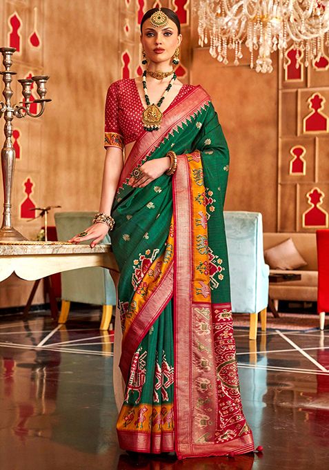 Green Printed Silk Saree Set