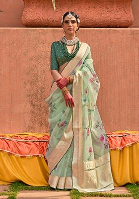 Light Green Printed Pure Silk Saree Set