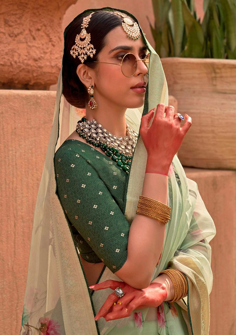 Light Green Printed Pure Silk Saree Set