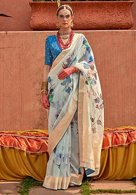 Aqua Blue Printed Pure Silk Saree Set
