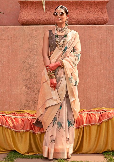 Cream Printed Pure Silk Saree Set