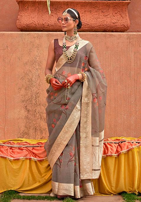 Grey Printed Pure Silk Saree Set