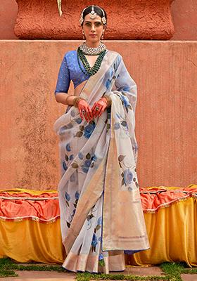 Aqua Blue Printed Pure Silk Saree Set