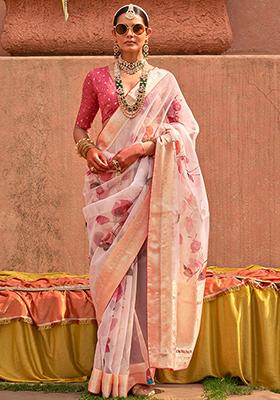 Light Pink Printed Pure Silk Saree Set