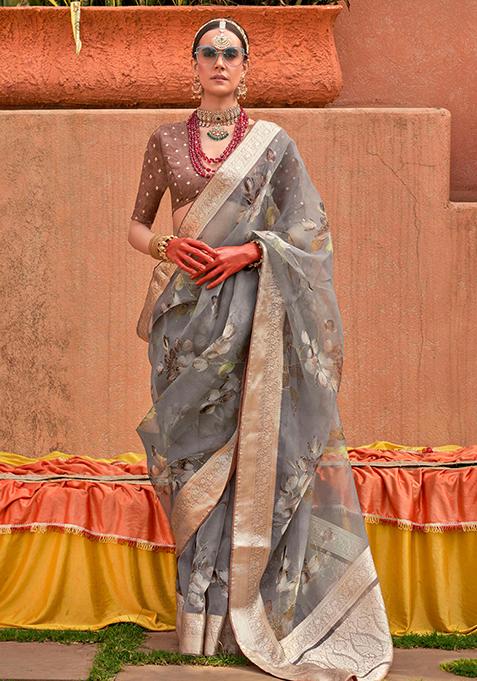 Grey Printed Pure Silk Saree Set