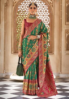 Green Printed Woven Banarasi Silk Saree Set