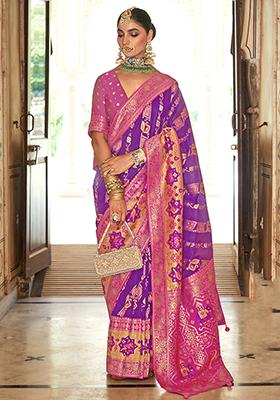 Purple Printed Woven Banarasi Silk Saree Set