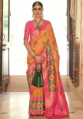 Yellow Printed Woven Banarasi Silk Saree Set