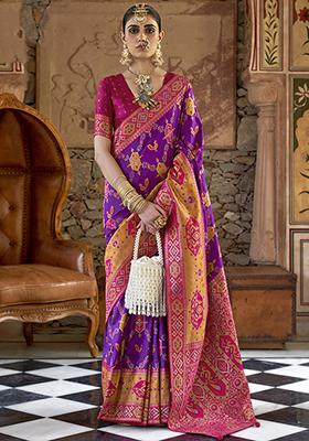 Purple Printed Woven Banarasi Silk Saree Set