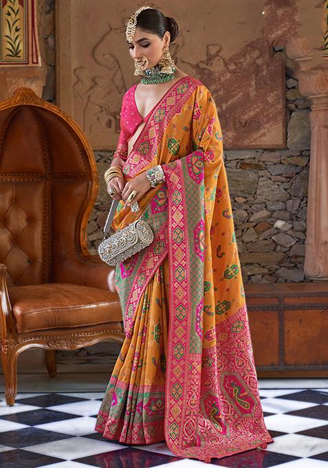 Mustard Printed Woven Banarasi Silk Saree Set