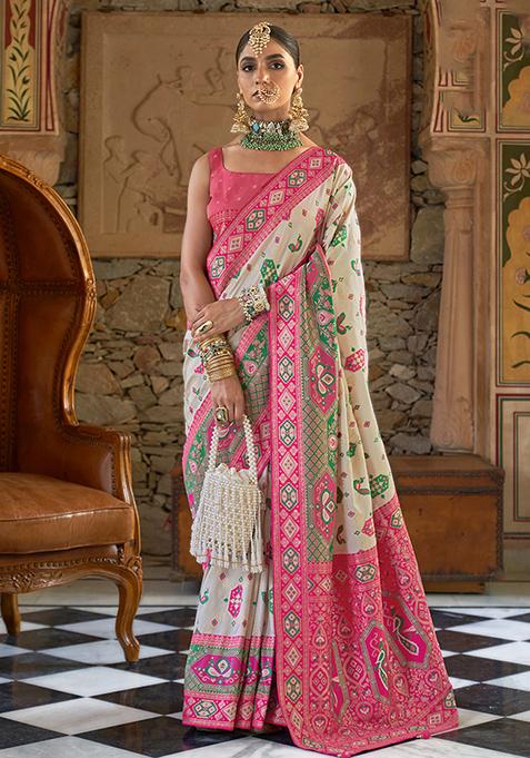 White Printed Woven Banarasi Silk Saree Set