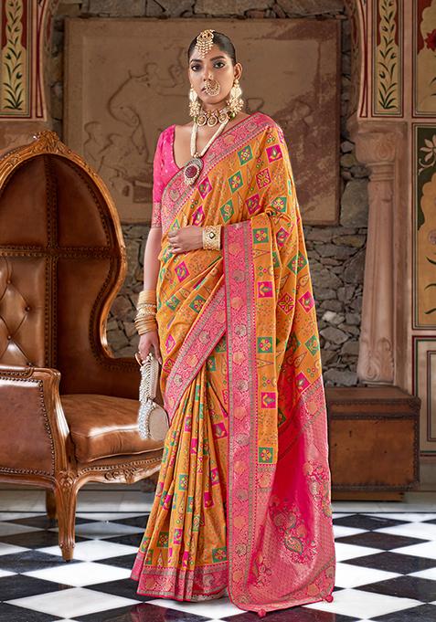 Mustard Printed Woven Banarasi Silk Saree Set