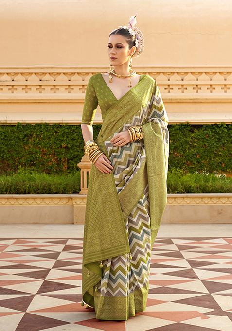 Olive Printed Woven Silk Saree Set